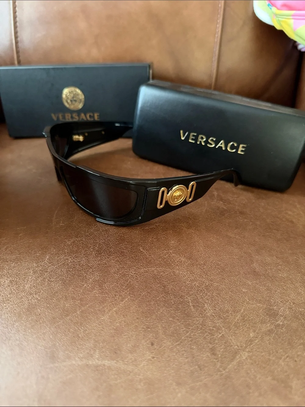 Versace Black Sunglasses with Gold Medallion Accent